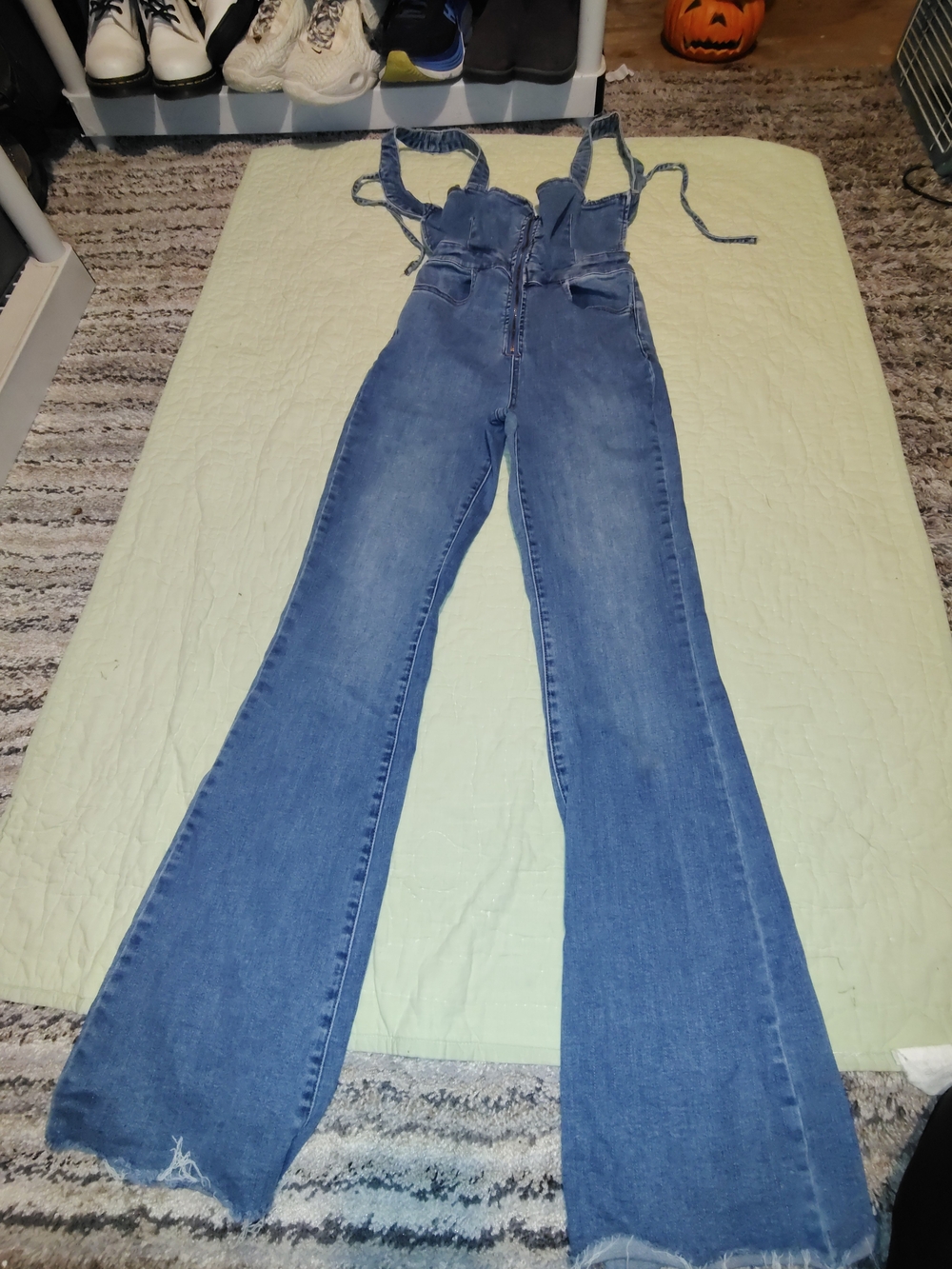 We The Free Medium Blue Denim Flare Jumpsuit with Tie Straps